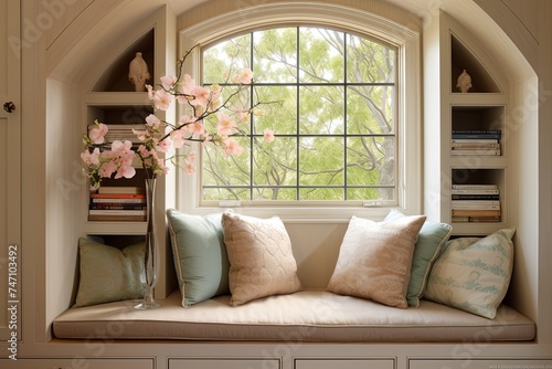 Earth-Toned Bathroom Designs  Window Seat with Pastel Cushion Delight