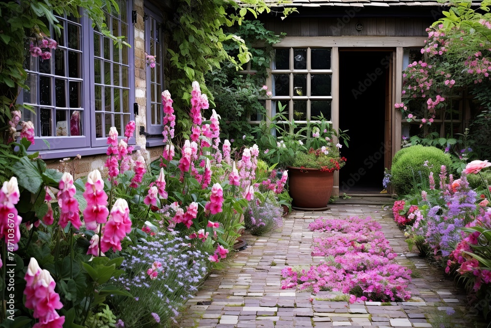 English Cottage Garden Grid: Vibrant Flower Beds Inspired Design