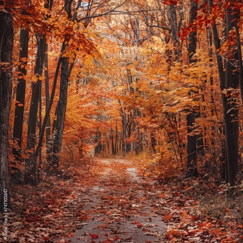 Capturing the essence of fall, a watercolor depiction of an autumn forest path reveals a mesmerizing canopy of orange and red leaves, beckoning admirers to stroll along its peaceful trails. © Pachara
