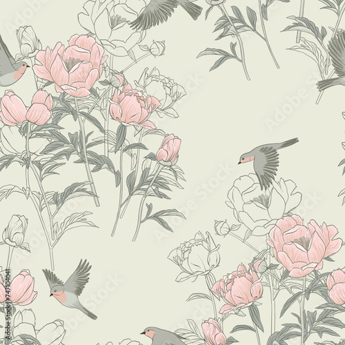 seamless pattern with pink peony flowers and robin birds, vector drawing floral background, flowering garden , hand drawn natural illustration © cat_arch_angel