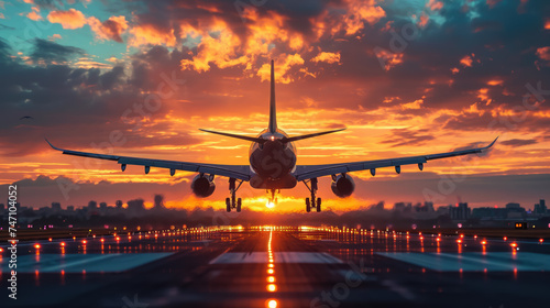 airplane flies in the sunset sky, pink clouds, big modern plane, flight, wings, transport, fuselage, air, beauty, space for text, airline, travel, nature, light, sun, runway, takeoff photo