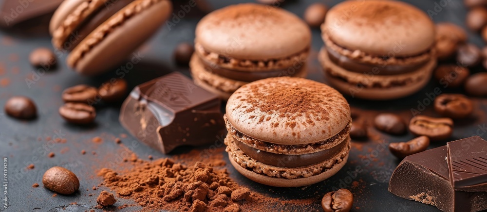 Indulge in a stack of chocolate macarons with a dusting of cocoa powder and surrounded by coffee beans. These baked goods are a delicious treat for any sweet tooth.