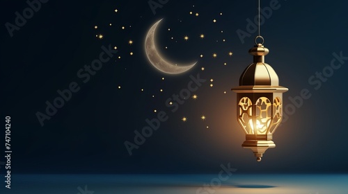 Islamic greeting Eid Mubarak cards for Muslim Holidays.Eid-Ul-Adha festival celebration.Arabic Ramadan Lantern on wooden table.Decoration lamp. Crescent moon and the stars.