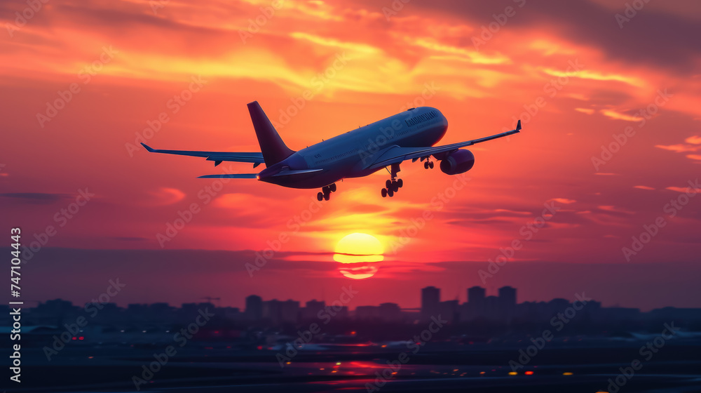 airplane flies in the sunset sky, pink clouds, big modern plane, flight, wings, transport, fuselage, air, beauty, space for text, airline, travel, nature, light, sun