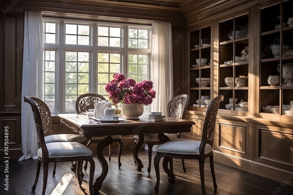 French Provincial Dining Room Designs: Wood Finish Pendant Light Elegance - obrazy, fototapety, plakaty 