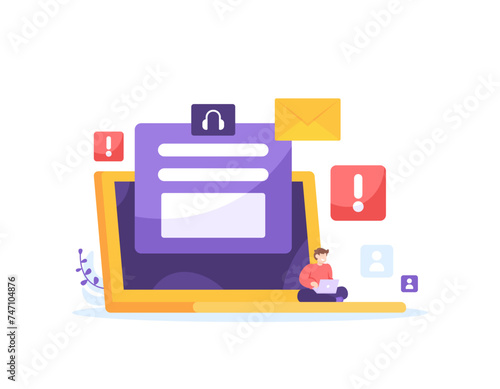 customer service or contact us. customer reports and complaints. a customer sends a complaint message or email to the developer or customer service. illustration concept design. graphic elements. ui
