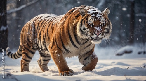 Tiger running in the snow in the winter nature forest.
