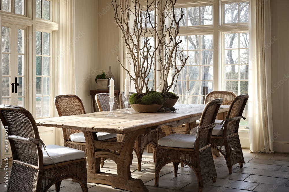 Rustic Charm: French Provincial Dining Room Designs with Twig Centerpiece
