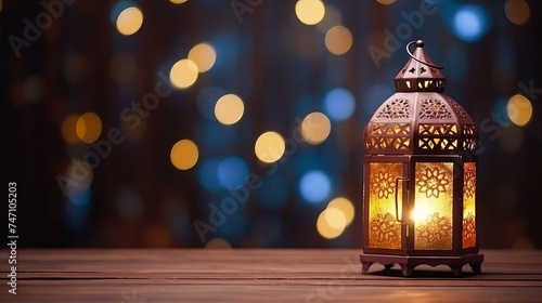 Lightened lantern on wooden table over bokeh background. Ramadan kareem holiday celebration concept