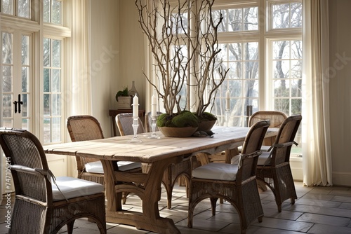 Rustic Charm: French Provincial Dining Room Designs with Twig Centerpiece © Michael