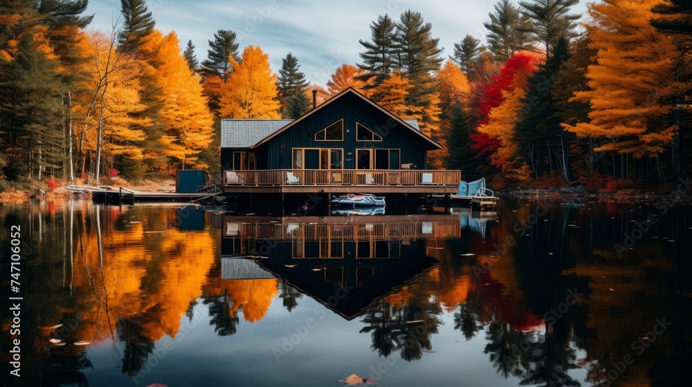 Fototapeta premium Serene lakeside escape among majestic pine trees with rustling leaves and distant loon calls