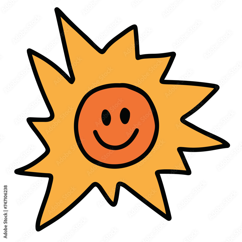 Hand drawn happy sun for picnic elements, cartoon character, comic, mascot, toy, doll, print, sticker, tattoo, decoration, summer icon, logo, social media post, clip arts, banner