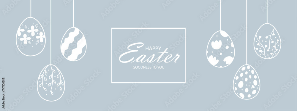 Easter web banner with garland of vintage Easter eggs on blue background with place for text. Happy Easter. Garland with silhouettes of vintage eggs suspended on strings.