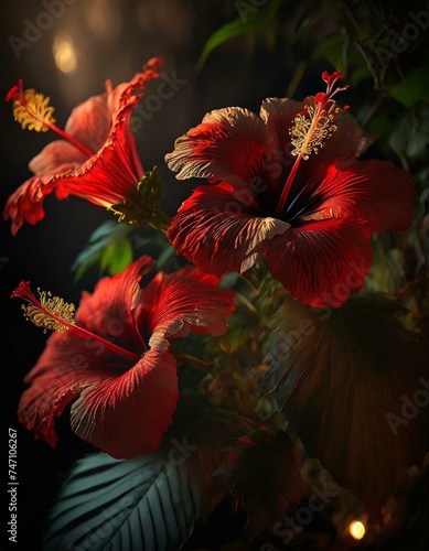 A batch red hibiscus flowers for a background, realistic, with shallow depth-of the field