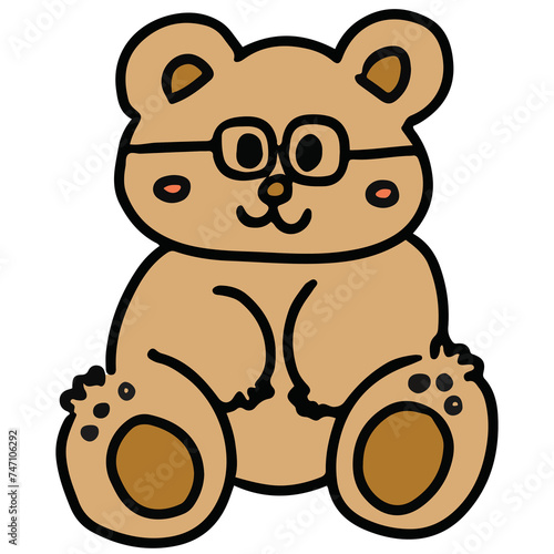 Fototapeta Naklejka Na Ścianę i Meble -  Hand drawn teddy bear with glasses for cartoon character, comic, mascot, toy, doll, brand logo, animal icon, sticker, figure, tattoo, print, card, pet, vet, fabric, childhood pattern, student, study
