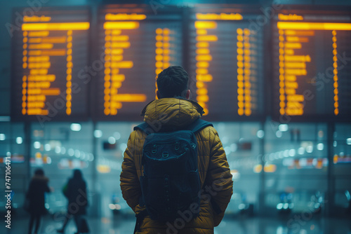 Traveler standing at airport flight schedule board, hoping of joy for upcoming adventure