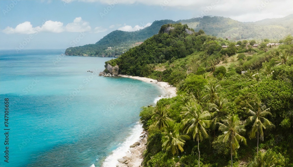 Beautiful rural tropical coast of a wild island. Sandy beach with blue water. Aerial view Beautiful rural tropical coast of a wild island. Sandy beach with blue water. Aerial view