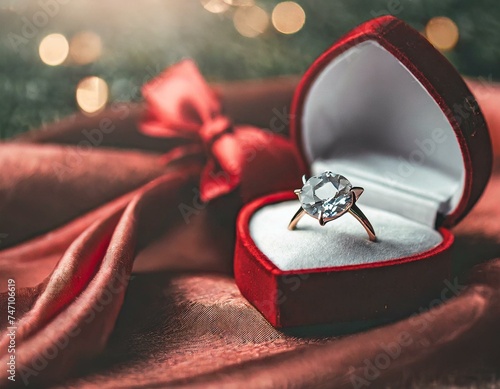 A close up of a diamond ring in a heart - shaped box on a red satin material with a red sati photo