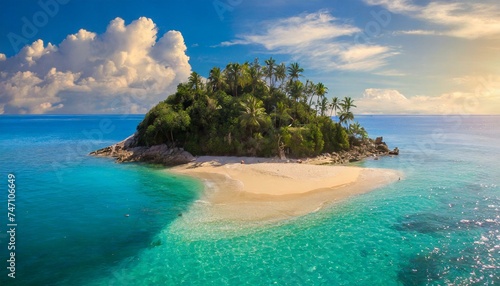 Stranded tropical island paradise. Small island with blue water, palms and sandy beach © Denis