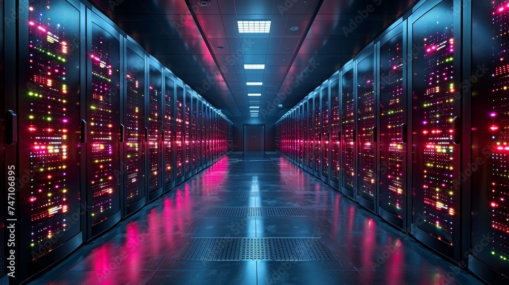A modern high-tech internet data center room with racks of network and server hardware is shown in an abstract form. - obrazy, fototapety, plakaty 