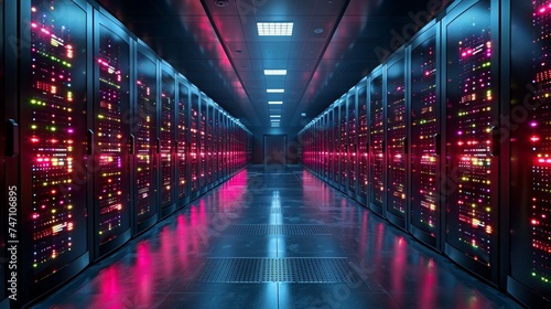 A modern high-tech internet data center room with racks of network and server hardware is shown in an abstract form. photo