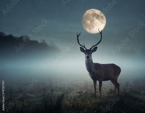 A deer standing in the middle of a foggy field at night with a full moon in the sky behind i