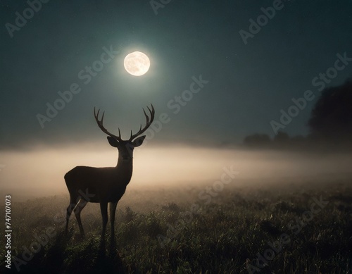 A deer standing in the middle of a foggy field at night with a full moon in the sky behind i