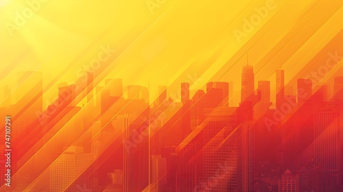 An abstract background with diagonal striped gradients in shades of yellow and orange, resembling a sunset over a city skyline