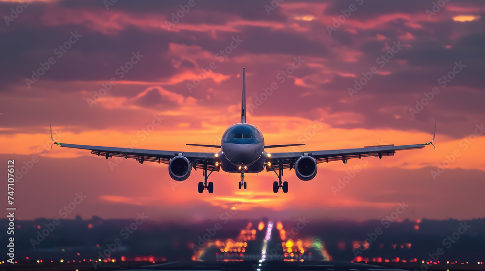 airplane flies in the sunset sky, pink clouds, big modern plane, flight, wings, transport, fuselage, air, beauty, space for text, airline, travel, nature, light, sun, runway, takeoff