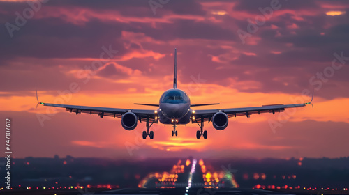 airplane flies in the sunset sky  pink clouds  big modern plane  flight  wings  transport  fuselage  air  beauty  space for text  airline  travel  nature  light  sun  runway  takeoff