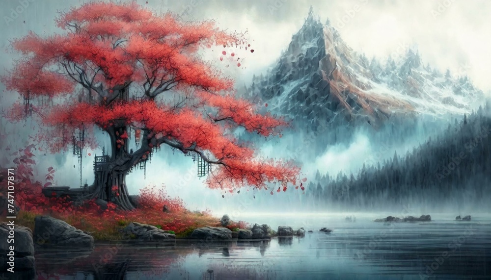 A painting of a tree with red leaves blowing in the wind next to a body of water with a moun