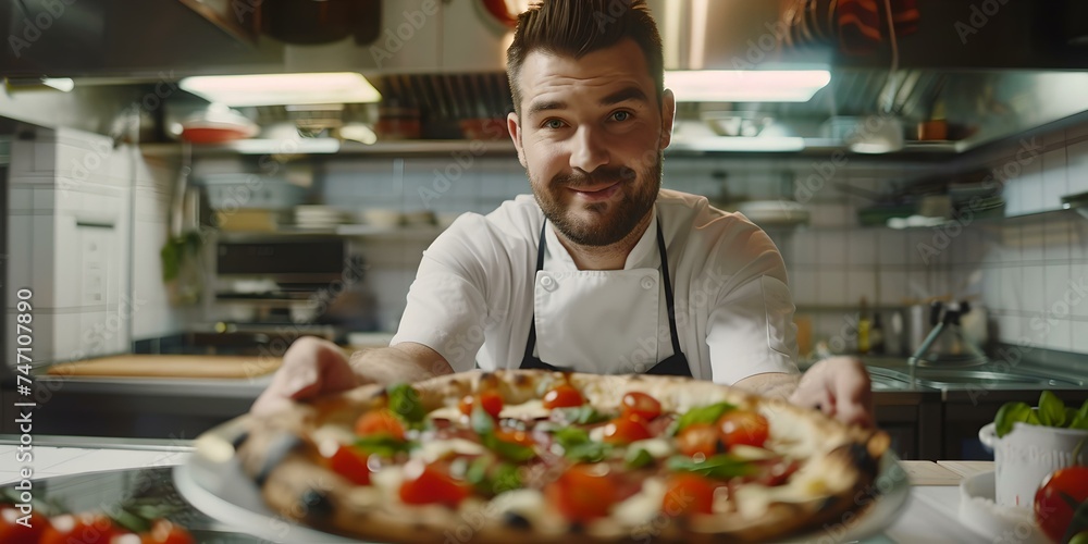 Chef presenting freshly baked pizza in a modern kitchen setting. traditional italian cuisine captured in professional style. perfect for food-related content. AI