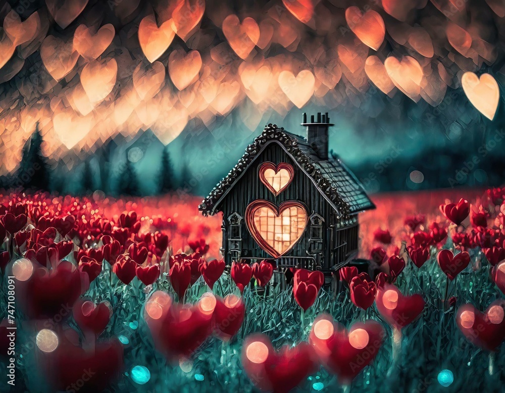 Fototapeta premium A small house sitting in the middle of a field of heart - shaped boke of red flowers with a