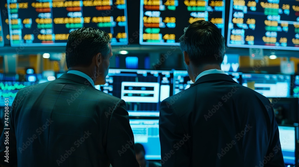 Businessmen analyzing stock market data on multiple computer screens in a high-tech trading office. financial professionals at work. AI