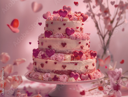 Pink anniversary cake with red hearts and glazing and cream  fancy  romantic wallpaper