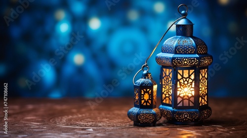 Ramadan Lantern and Blue rosary beads in front of arabesque background