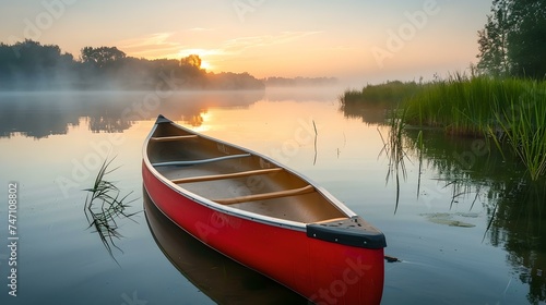 Serene sunrise over a misty lake with a red canoe. calm, reflective water and lush greenery create a tranquil scene. perfect for peaceful content. AI © Irina Ukrainets