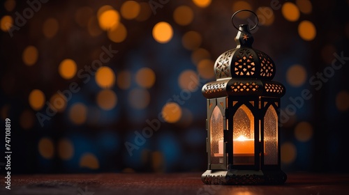 Ramadan Lantern in low light mode with arabesque background photo