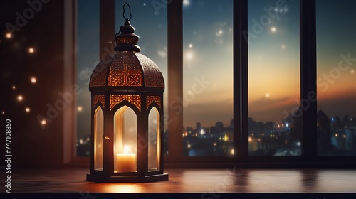 Ramadan lantern by the open window. Beautiful Greeting Card with copy space for Ramadan and Muslim Holidays. An illuminated Arabic lamp.