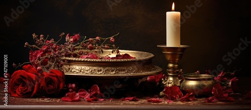 A red candle and dried rose flowers are placed on a gold tray on a table, creating a simple yet elegant still life composition. The warm glow of the candle illuminates the delicate petals of the