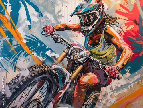 Adventure sports in exotic locales, captured in vibrant street art style, dynamic and bold