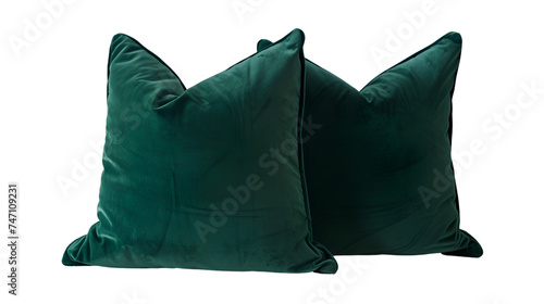  A duo of lavish emerald green velvet cushions arranged neatly on a modern, Transparent background