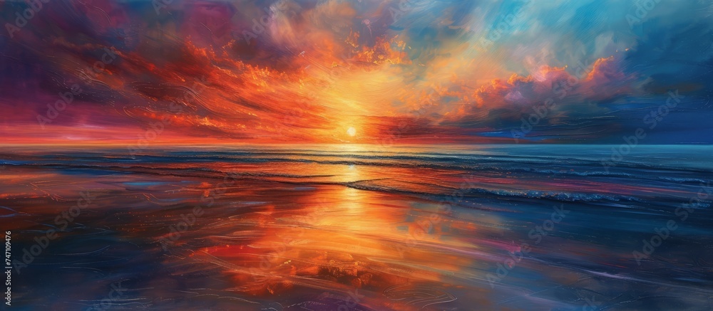 Tranquil Horizon: Mesmerizing Sunset Painting Reflecting in the Ocean