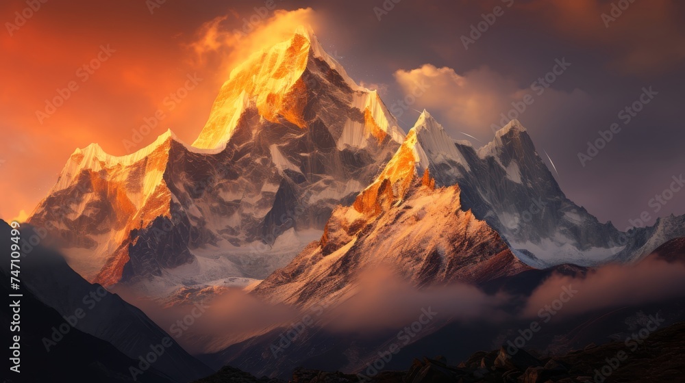 Snow capped mountain peak above clouds with panoramic view of jagged peaks and valleys below Snow capped mountain peak above clouds with panoramic view of jagged peaks and valleys below