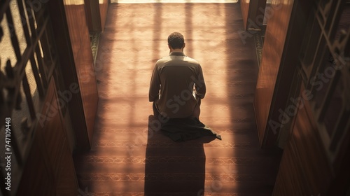 Top view of an unidentified Muslim man prays in a mosque