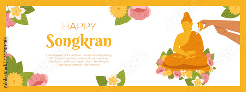 Songkran festival, traditional shower the monk sculpture, Thailand New Year. Hand Pouring water Buddha statue. Vector horizontal banner template in flat style for celebrating.