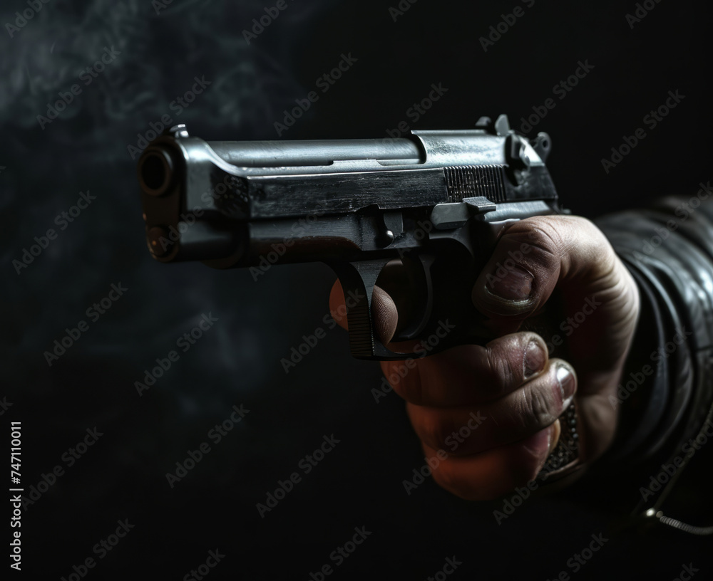 Close up of a man holding a gun in his hand against black background Close up of a man holding a gun in his hand against black background