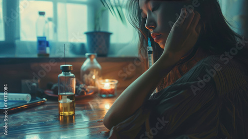 Anti drug, drug addict young woman, girl hand reaching for syringe, medicament with narcotic on table at home, abuse overdose. Sick pain of health, unhealthy people. Suicide depressed or despair.