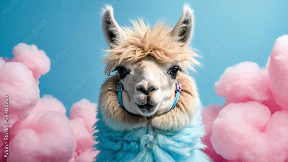 Cute Llama. Simple alpaca head on blue background.