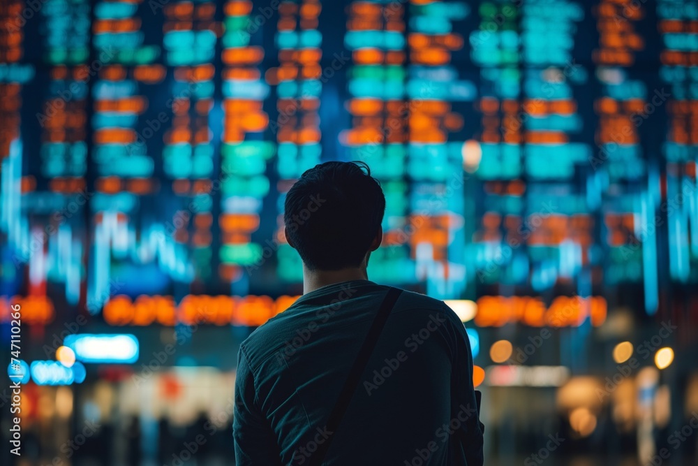 Businessman stands before stock market screens, contemplating the fluctuating financial landscape Businessman stands before stock market screens, contemplating the fluctuating financial landscape